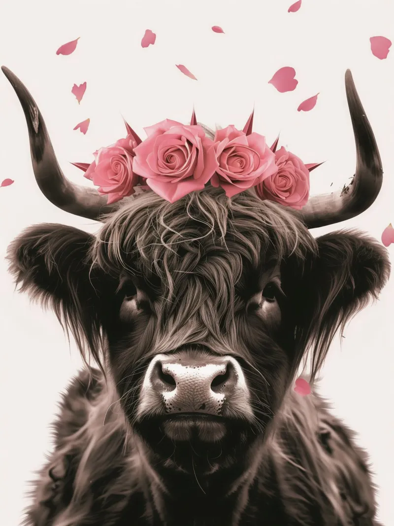 Bovino scozzese fresco delle Highland con rose rosa poster con telaio in plastica da Autofocus