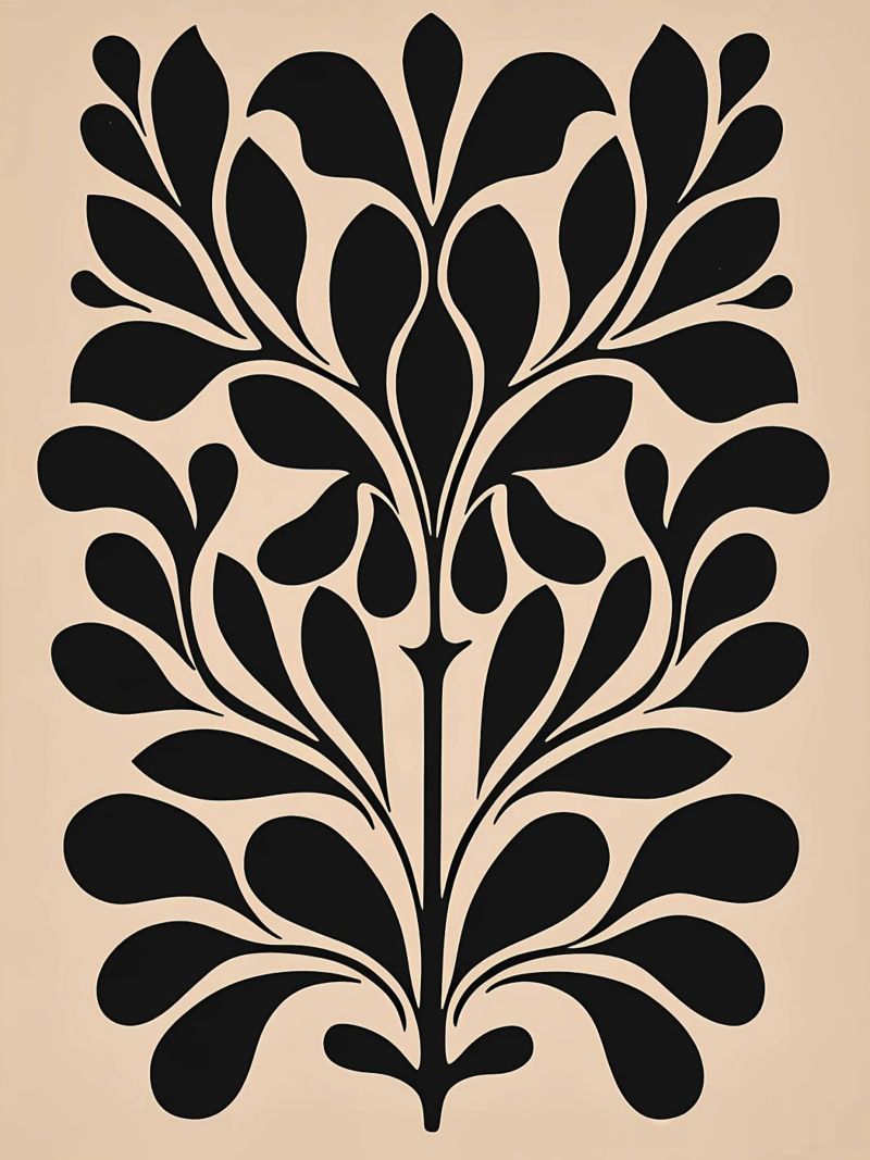 Mid Century Beige Schwarz Botanisch Poster von Olga Wildrose