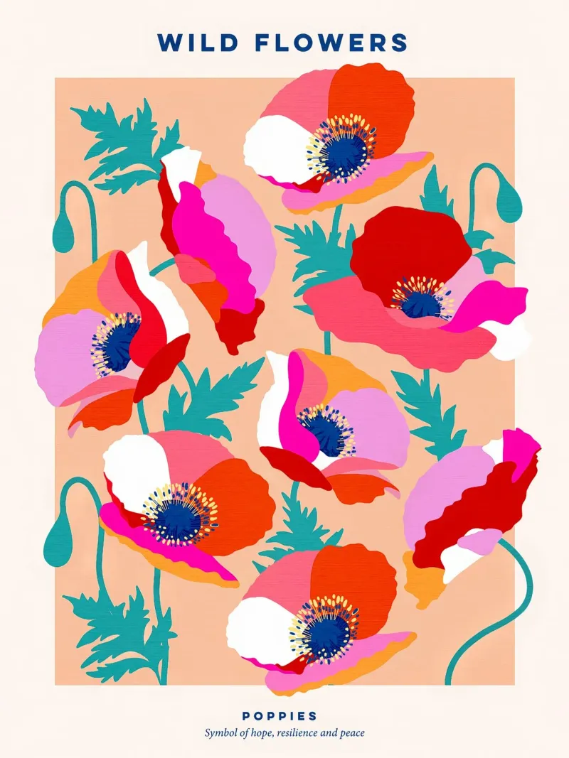 Happy Poppies Wild Floral Poster • Pink, Red, Teal Green forex plate by Dominique Vari