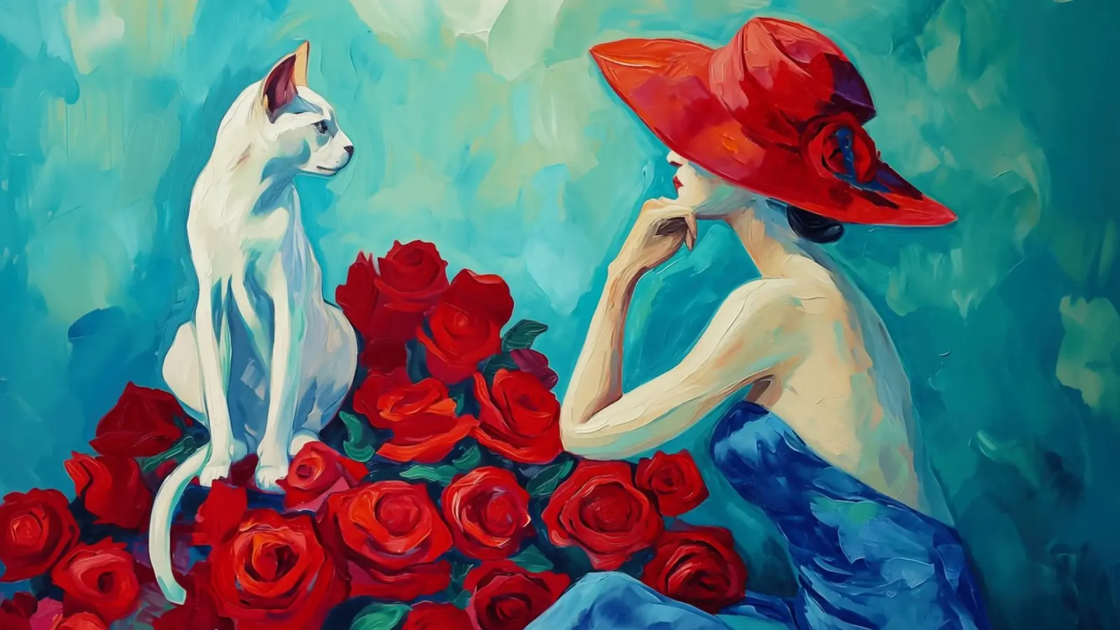 Gatti bianchi e rose rosse - Pittura | 16:9 poster da Autofocus