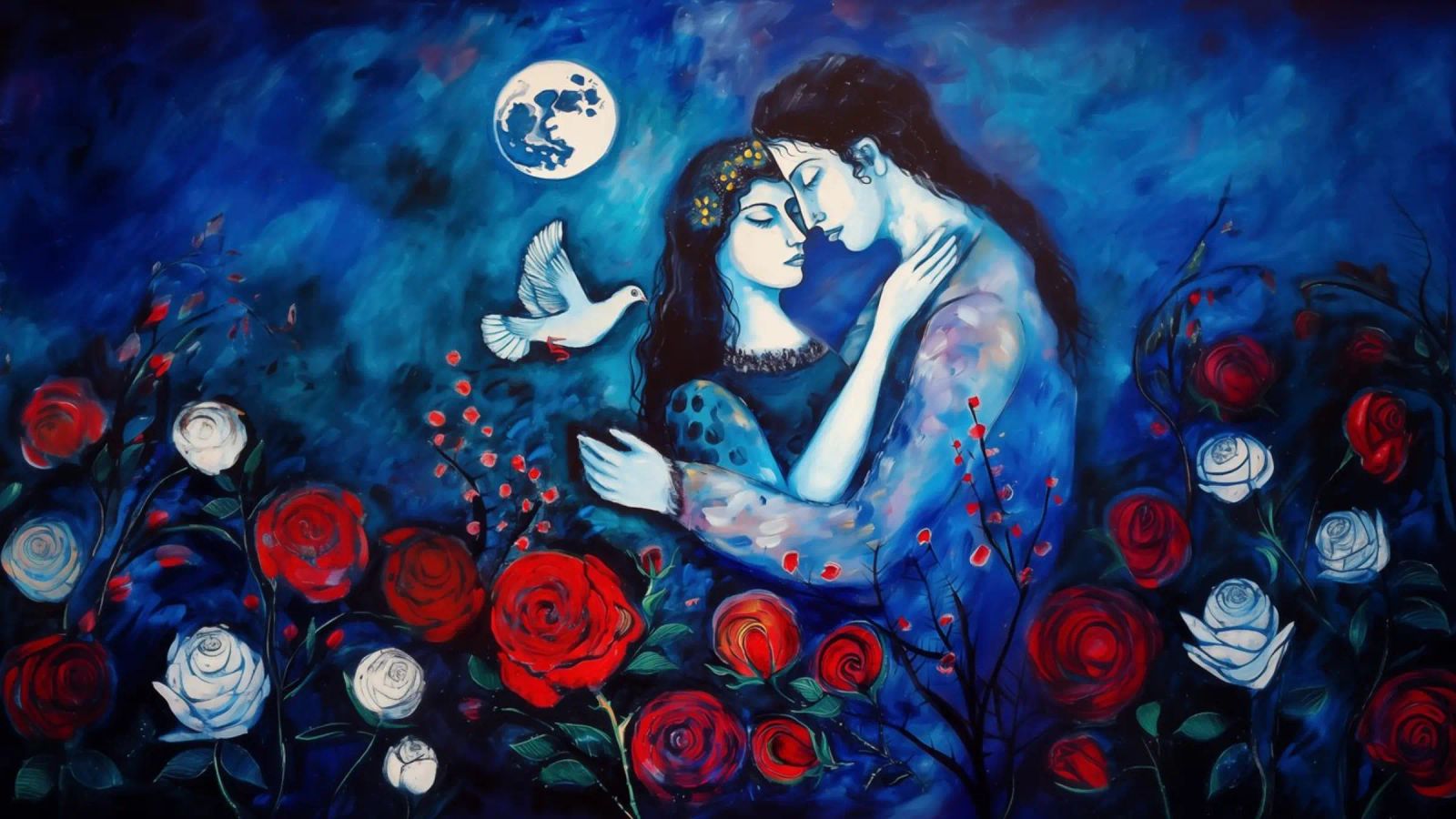 Lovers with dove, roses and peace - Painting | 16:9 poster by Autofocus
