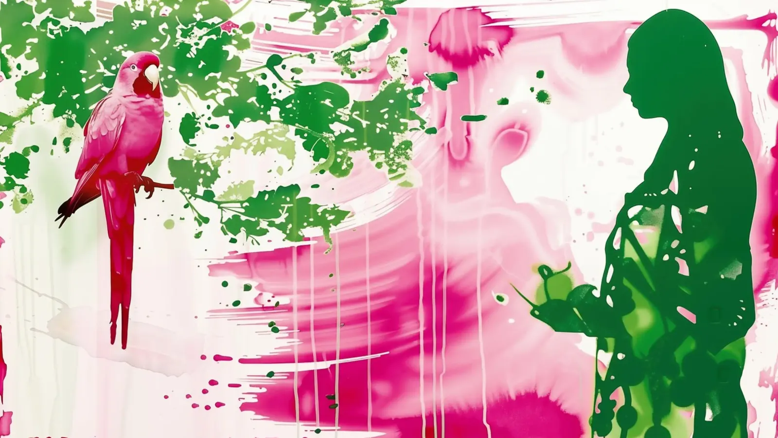 Dare da mangiare al pappagallo rosa | stile acquerello 16:9 poster da Autofocus