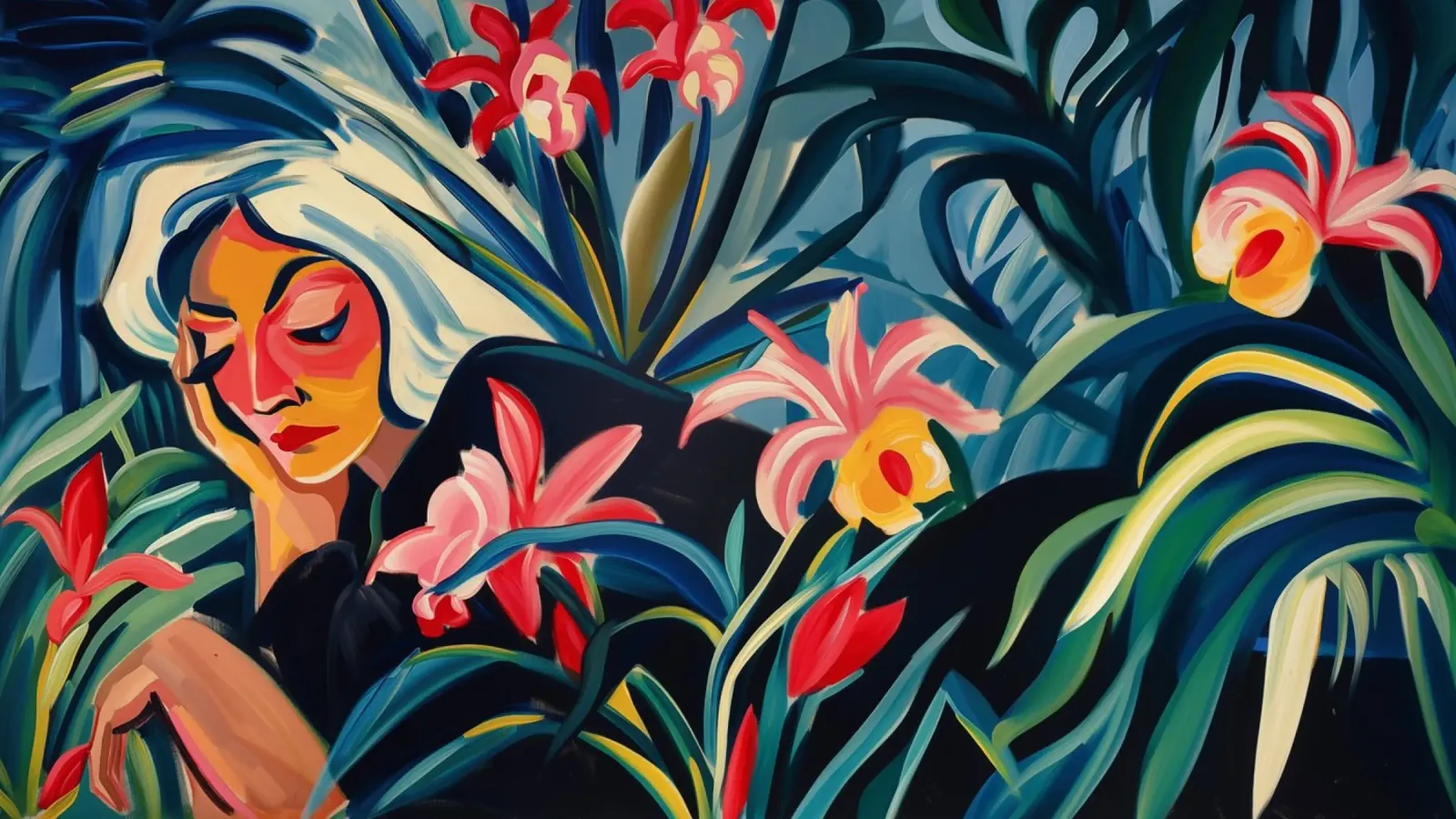 Donna sul prato di orchidee - Espressionismo | 16:9 poster da Autofocus