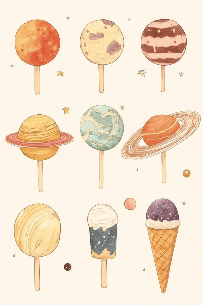 Planet-Themed Ice Cream and Lollipops canvas with Floater frame by Melloi Art Print