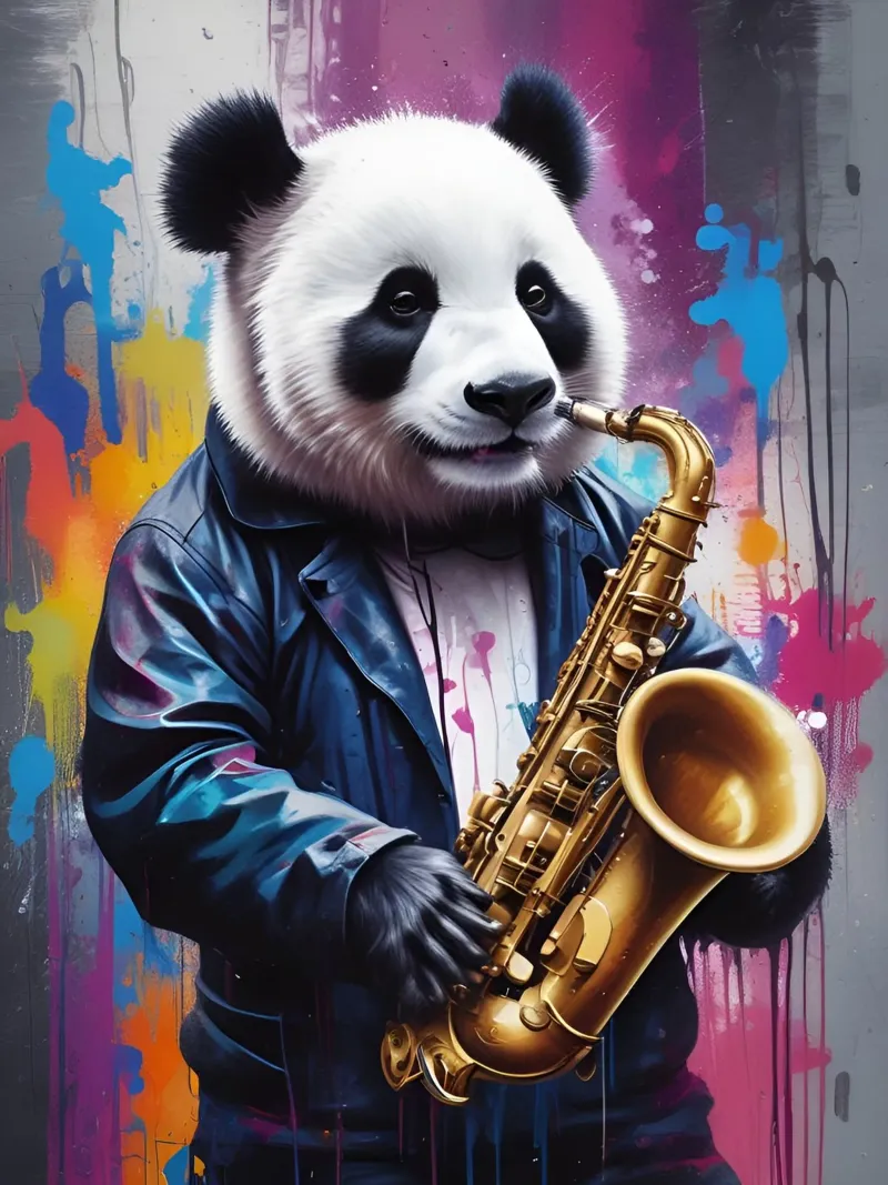 Panda che suona il sassofono poster con telaio in alluminio da MakArena