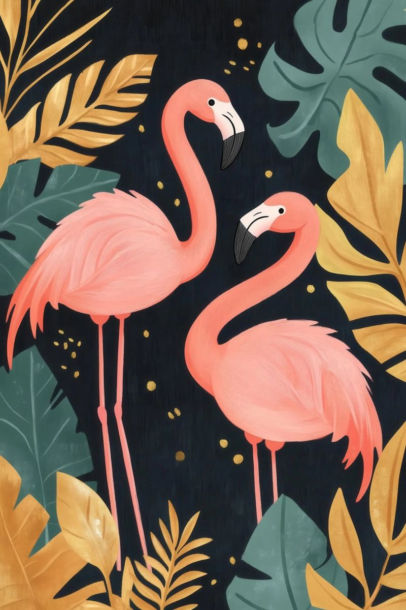 Flamants roses au milieu d'un feuillage tropical poster de Melloi Art Print
