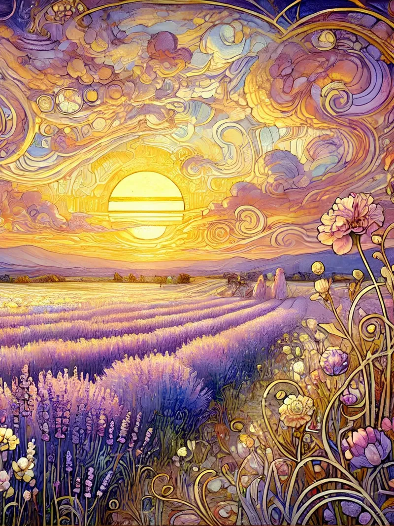 Lavendel in de zonsondergang canvas met Baklijst van Art-Nouveau-Dsg