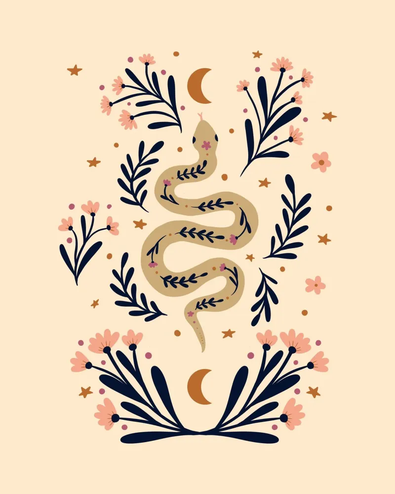 Serpente e fiori - beige e indaco carta hahnemühle da Wackapacka