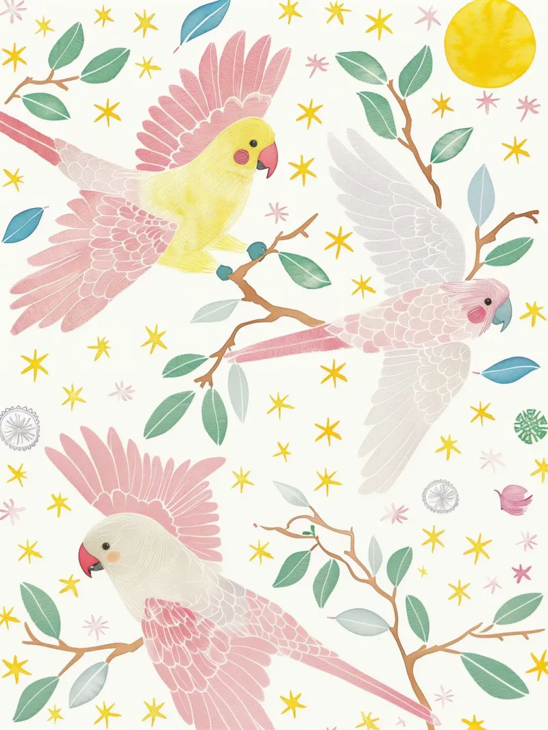 Estroso uccelli pappagalli carino in una luna stella botanico floreale carta hahnemühle da Gentle Echoes Art