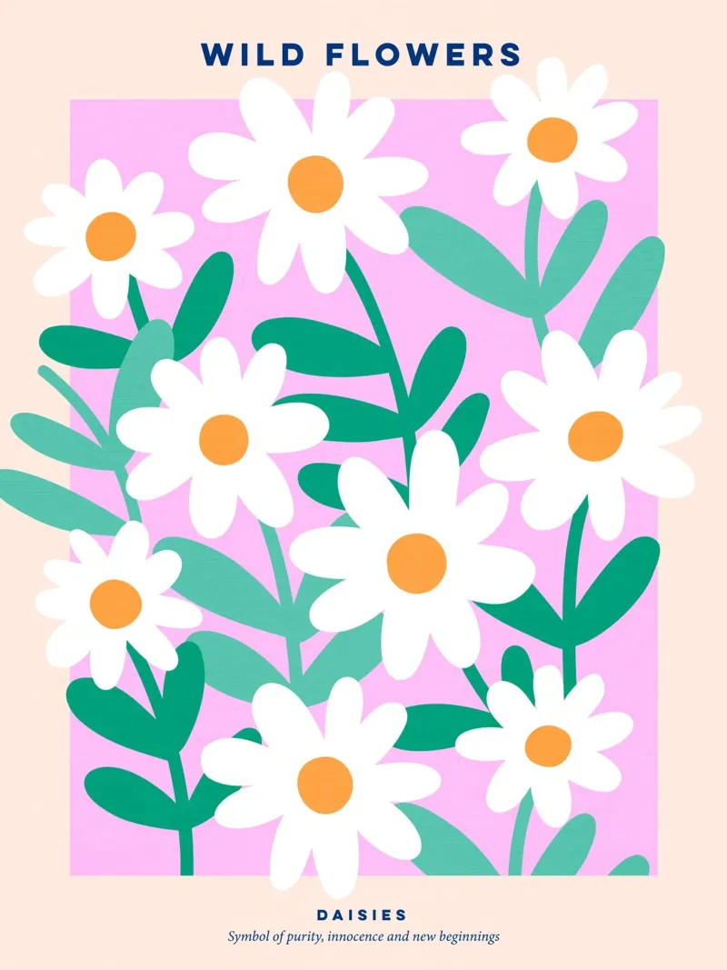 Poster floreale selvaggio Margherite in fiore - Rosa e verde carta hahnemühle da Dominique Vari