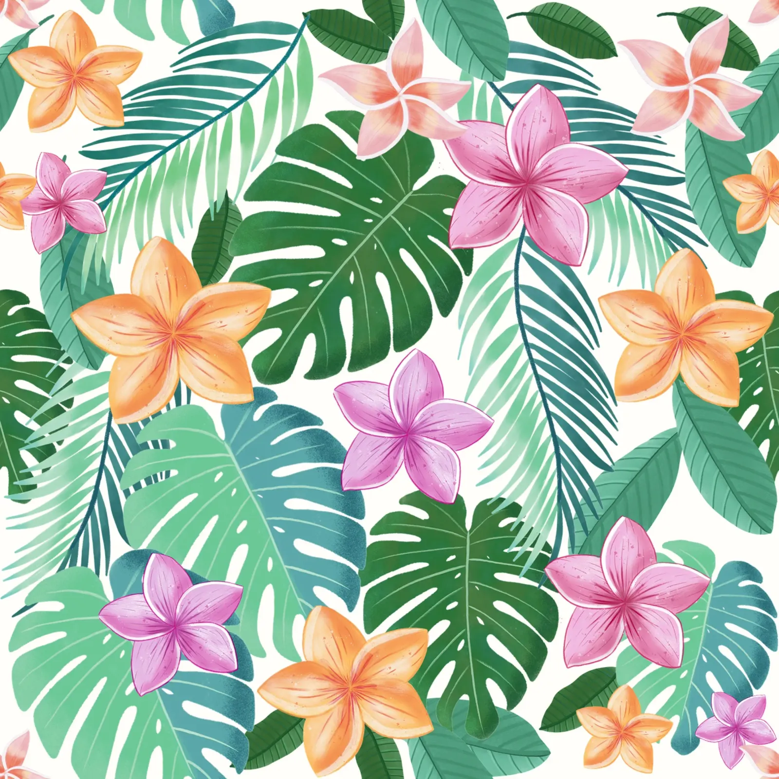 Sogno di un motivo tropicale. Con foglie di palma, monstera e plumeria pellicola backlit da CalliLetters