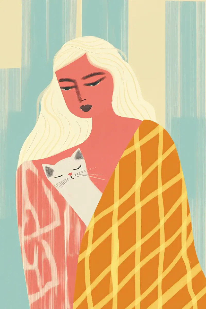 Woman with cat | pastel colours and patterns canvas with Floater frame by Autofocus