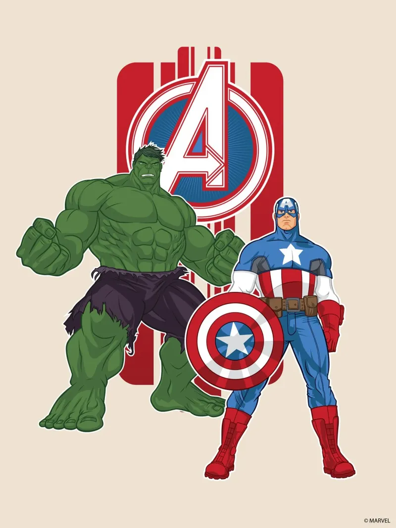 Hulk & Captain America im Einsatz pannello forex da MARVEL Designs by JUNIQE