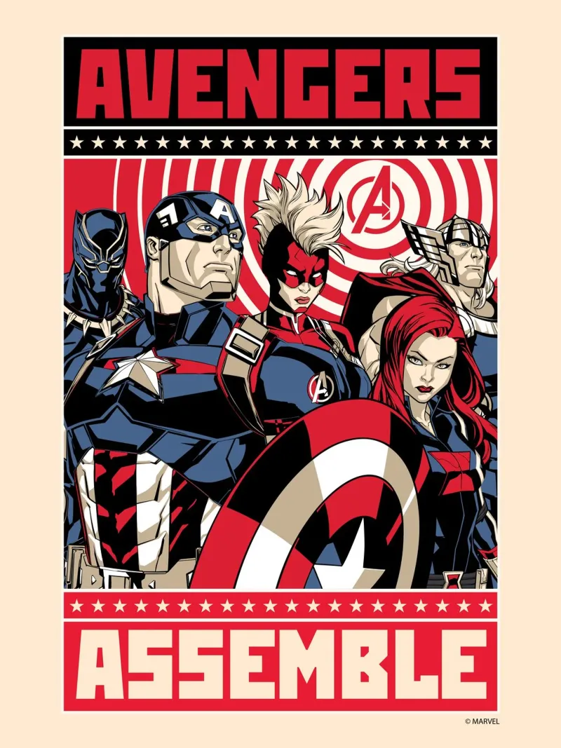 Rotes Avengers Essemble carta hahnemühle da MARVEL Designs by JUNIQE