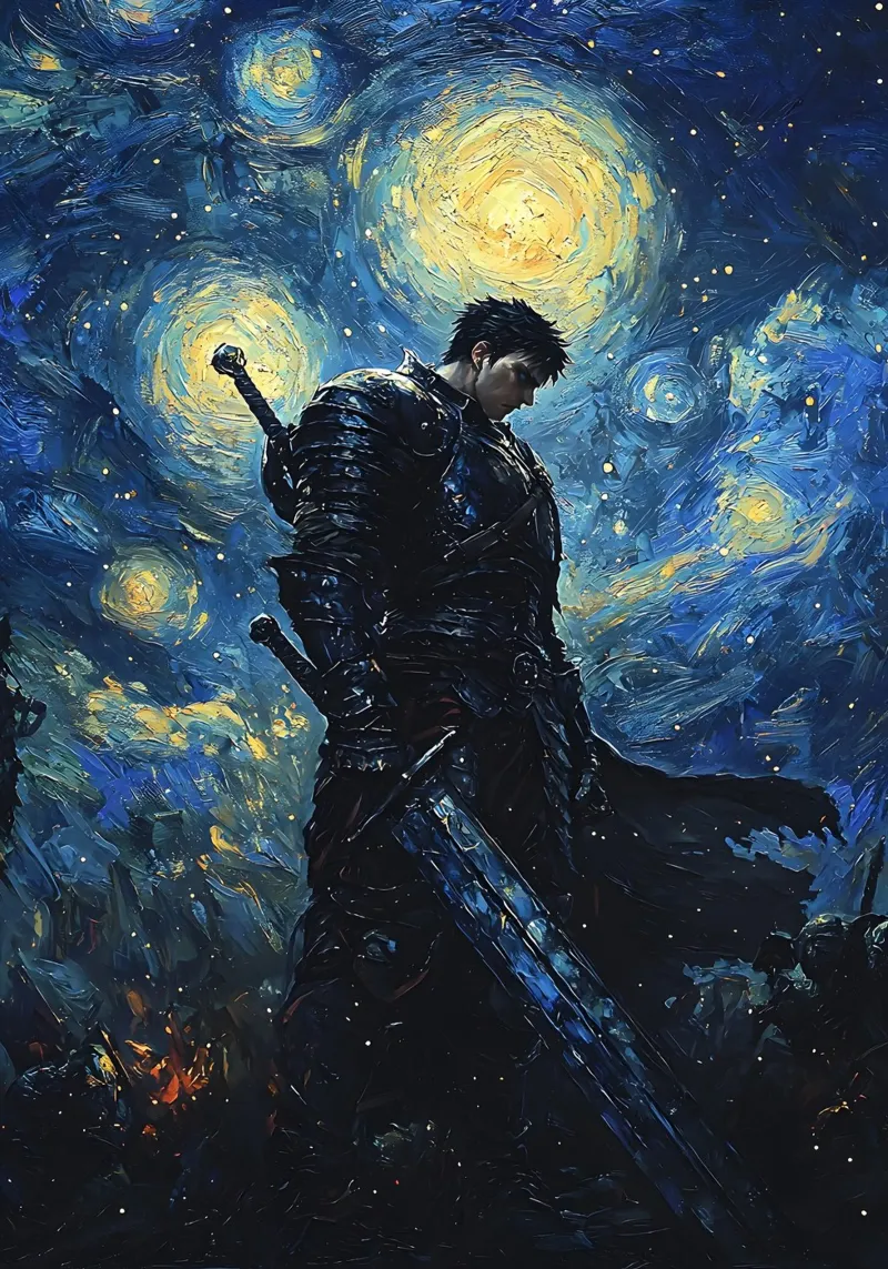 Guts Berserk Starry Night poster con telaio in legno da CreativeStudio
