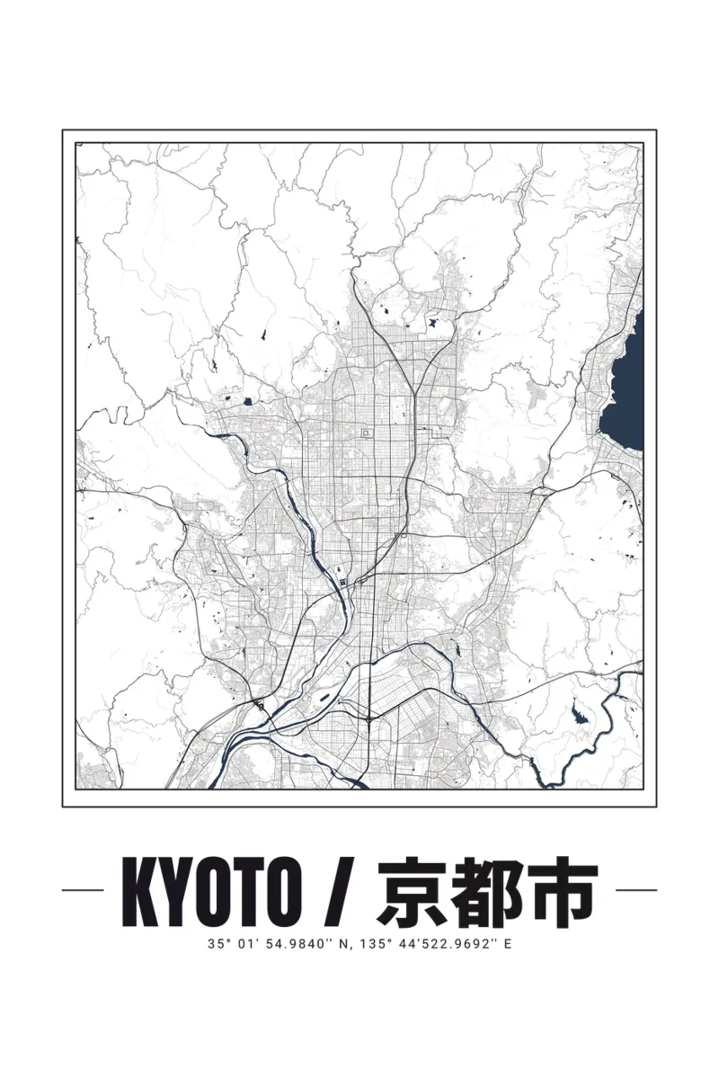 Minimalistische plattegrond van Kyoto - Eigentijds stedelijk ontwerp poster met houten frame van Ben & Clo creations