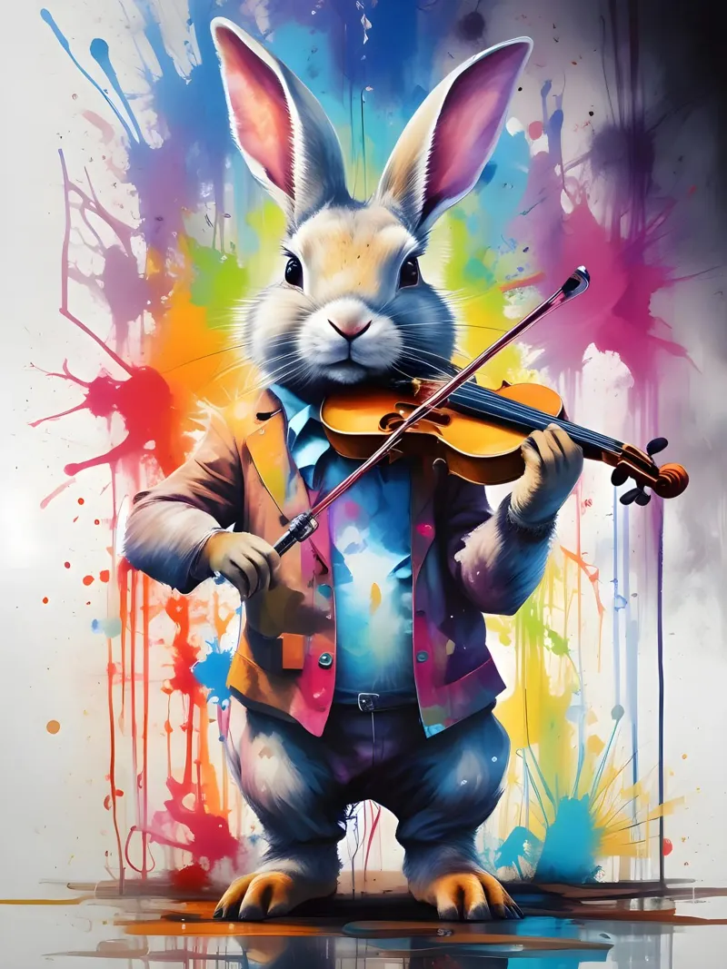 Rabbit plays the violin classical music canvas with Floater frame by MakArena
