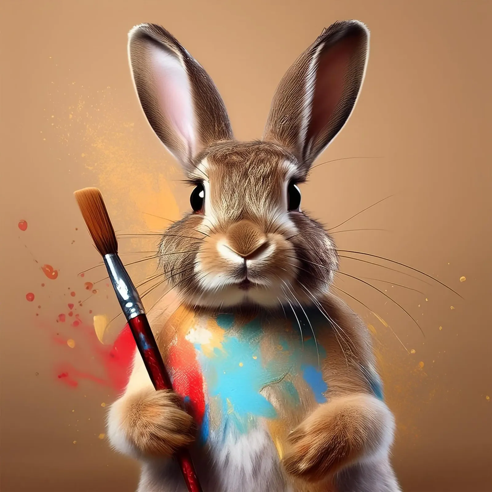 Playful Bunny Painter with Splashes of Color – Bunny Art canvas by FlexiDesignsByK