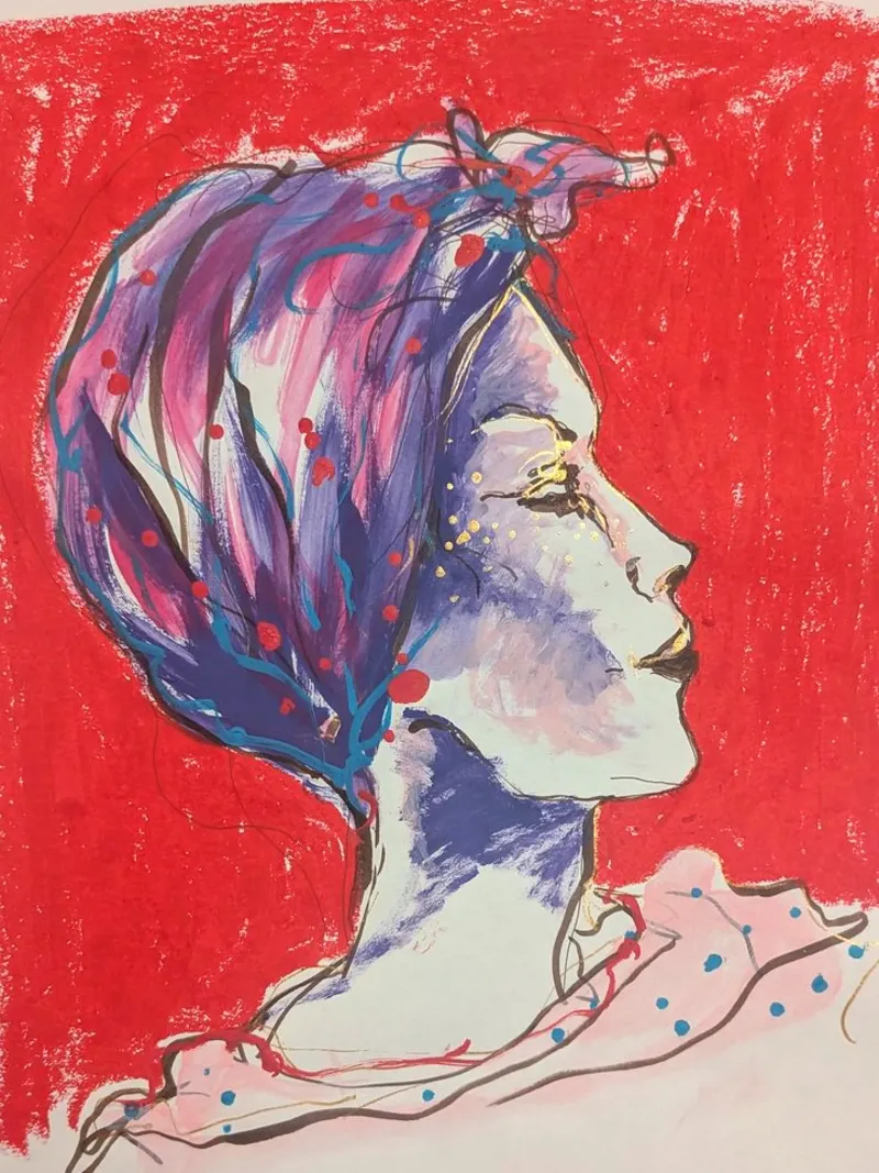 FEMME SUR FOND ROUGE poster con telaio in plastica da Bénédicte Berthod