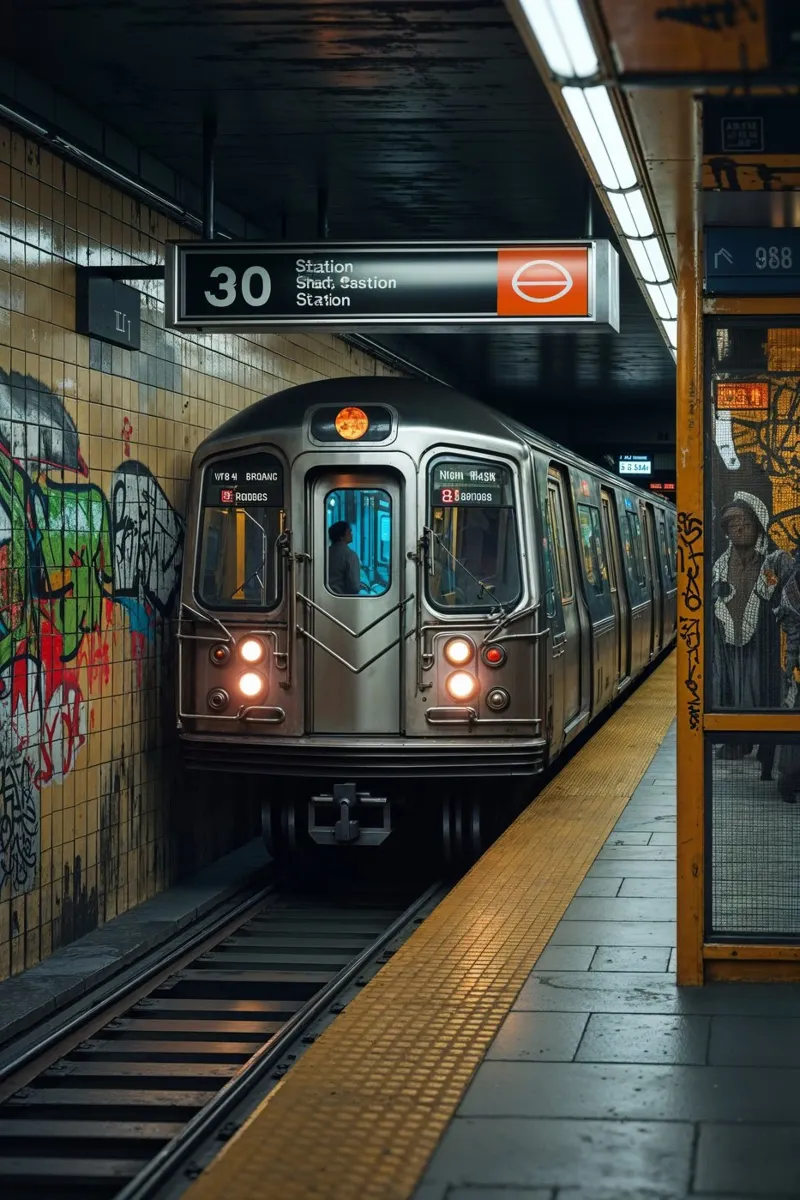 Gritty New York Subway Train at Station metacrilato de AlbertKlee