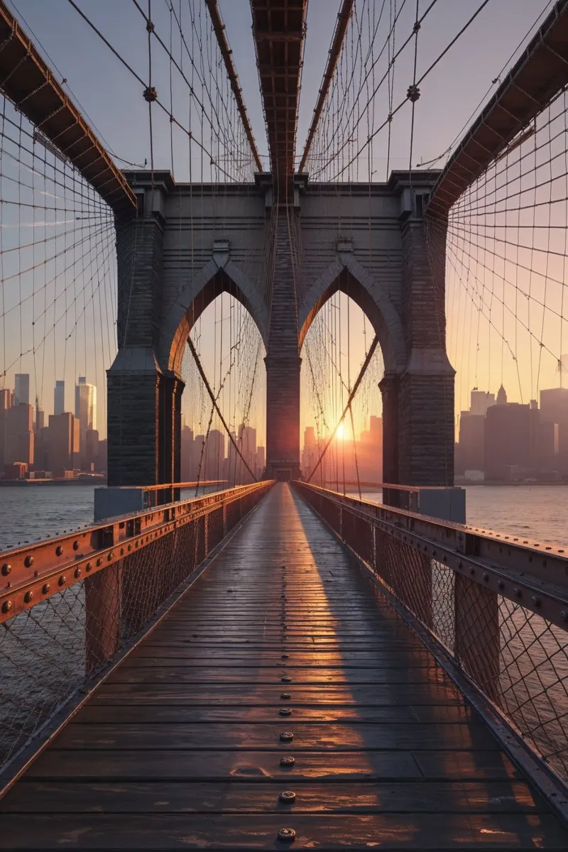 New York’s Brooklyn Bridge in Golden Glow poster con telaio in legno da AlbertKlee