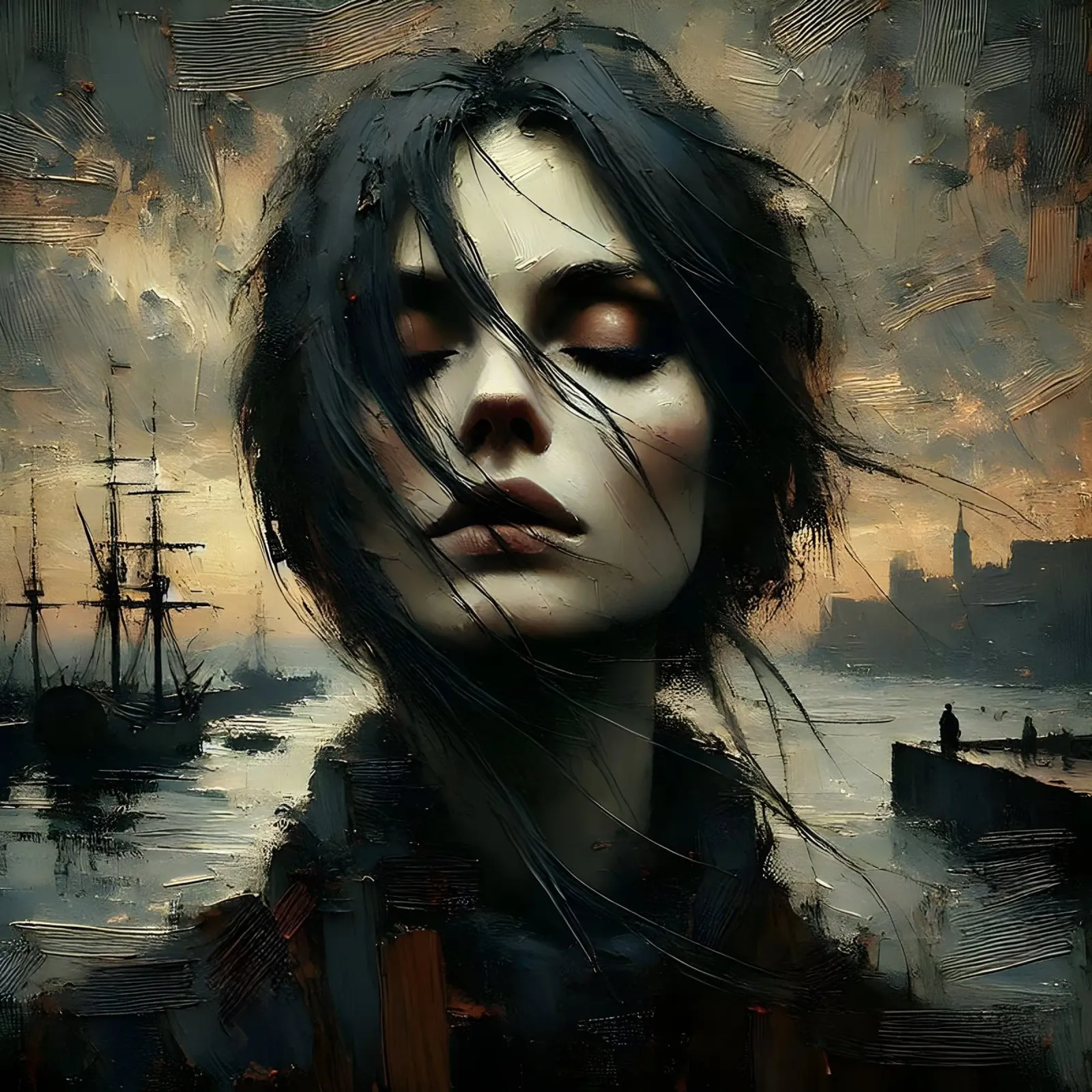 Woman in the harbour - Portrait painting in Impasto style backlit film by nomad