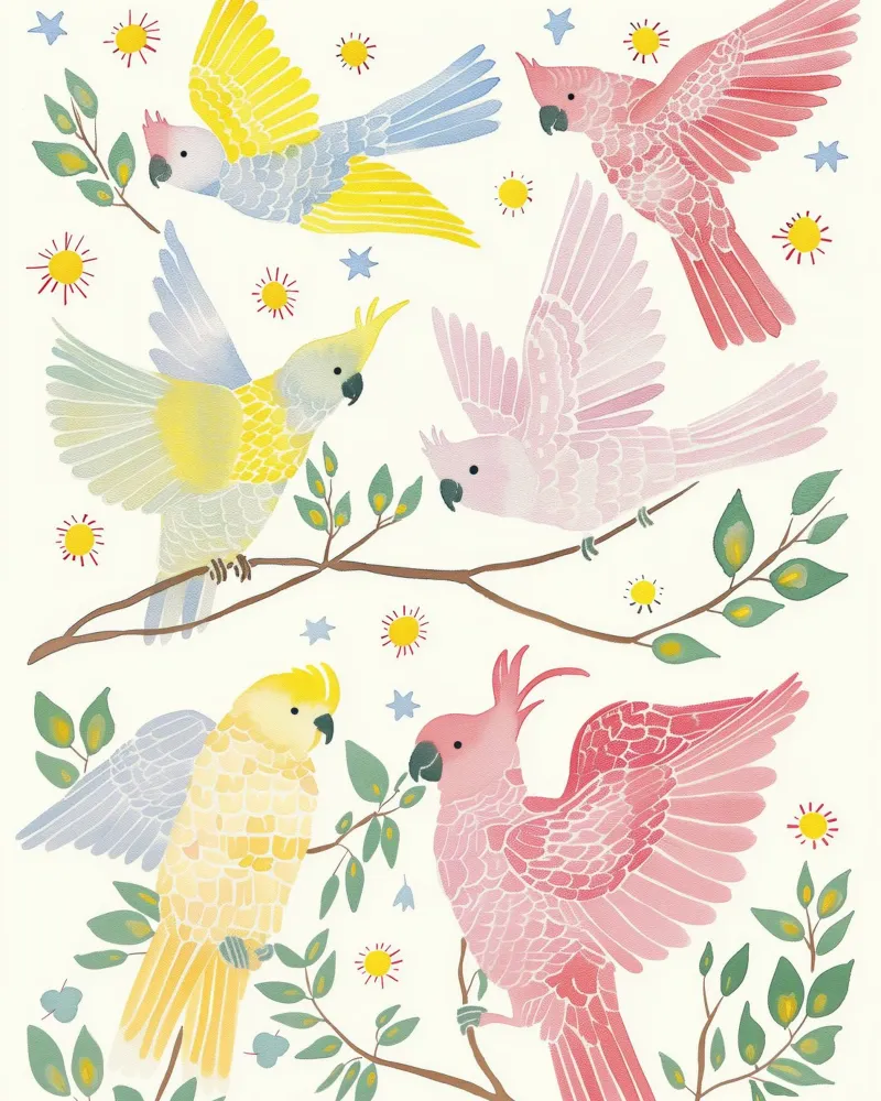 Estroso Cacatua Pappagalli Uccelli in Botanical Floral pellicola backlit da Gentle Echoes Art