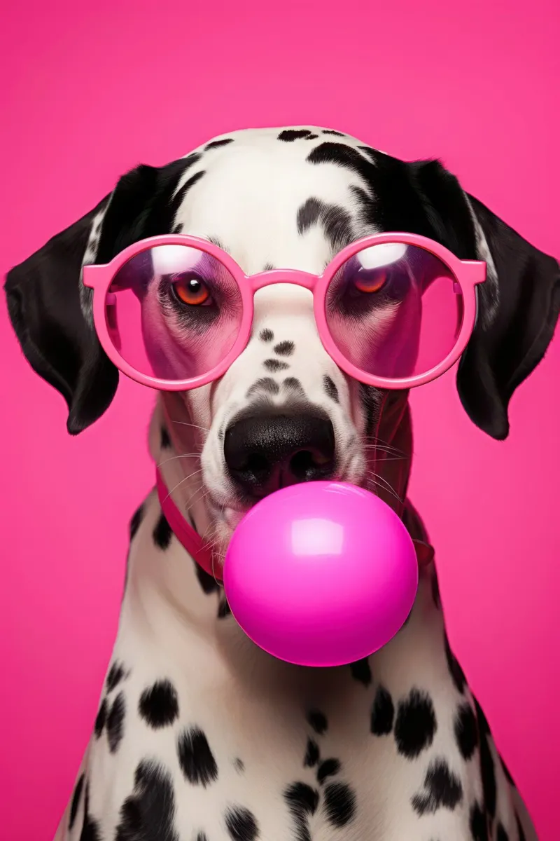Dalmata rosa con occhiali rosa e gomma da masticare plexiglass da Autofocus
