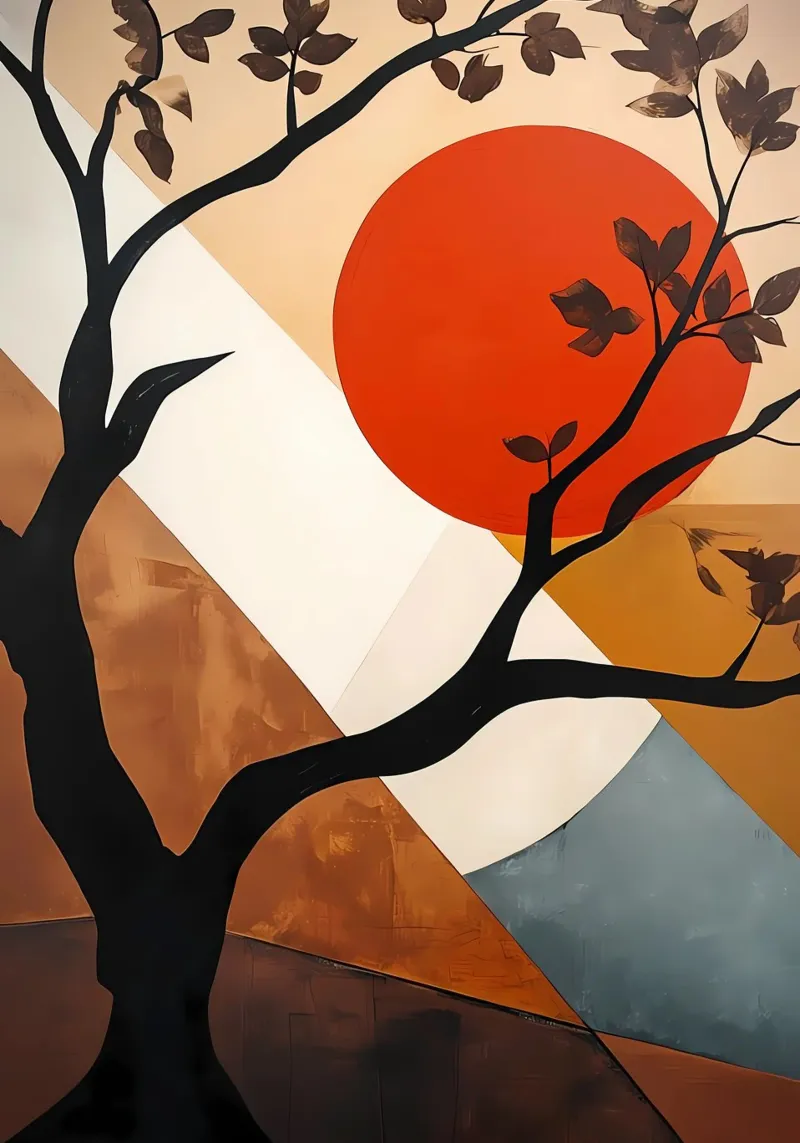 Albero geometrico al tramonto poster con telaio in alluminio da Artistic-shop