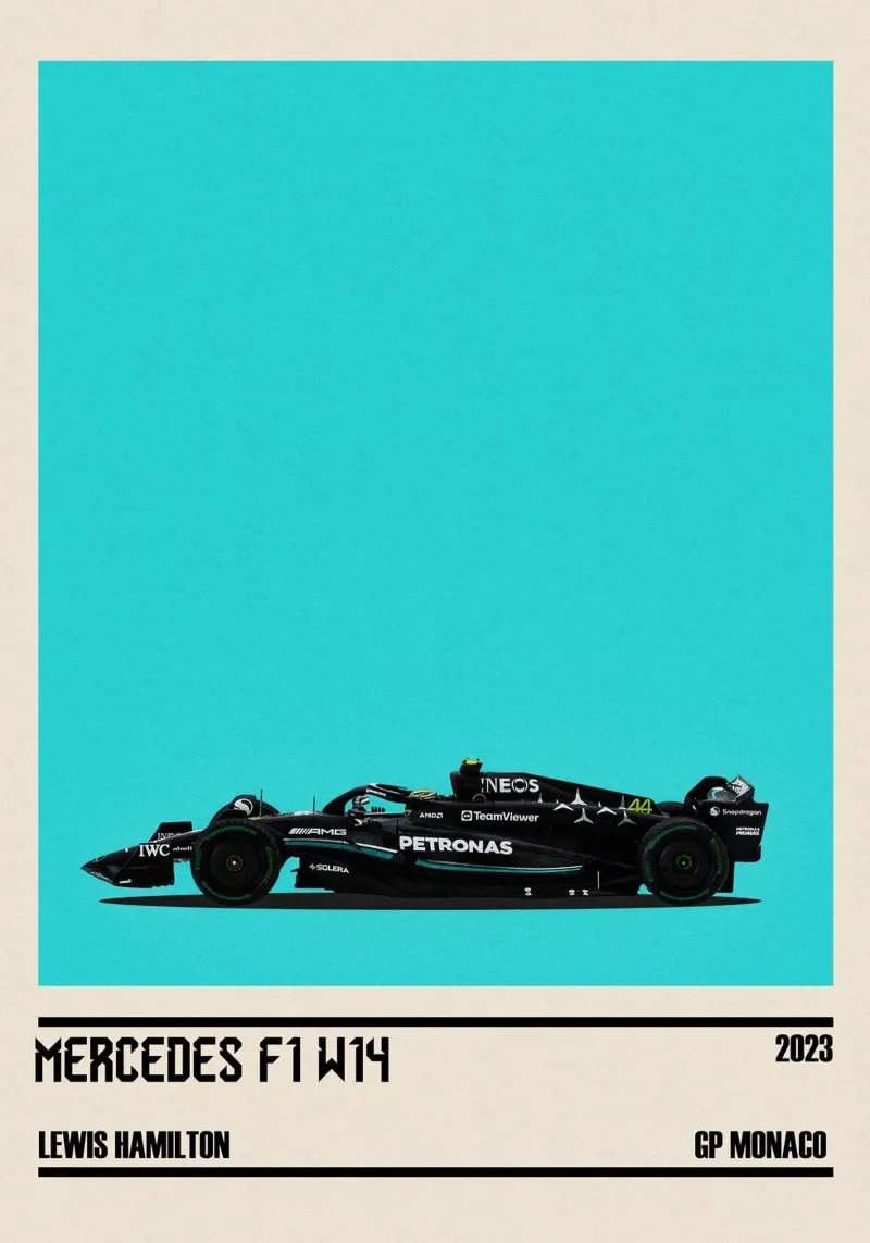 Mercedes F1 W14 AMG Petronas F1 4° GP Monaco 2023 Lewis Hami poster with wooden frame by TheArtstudio