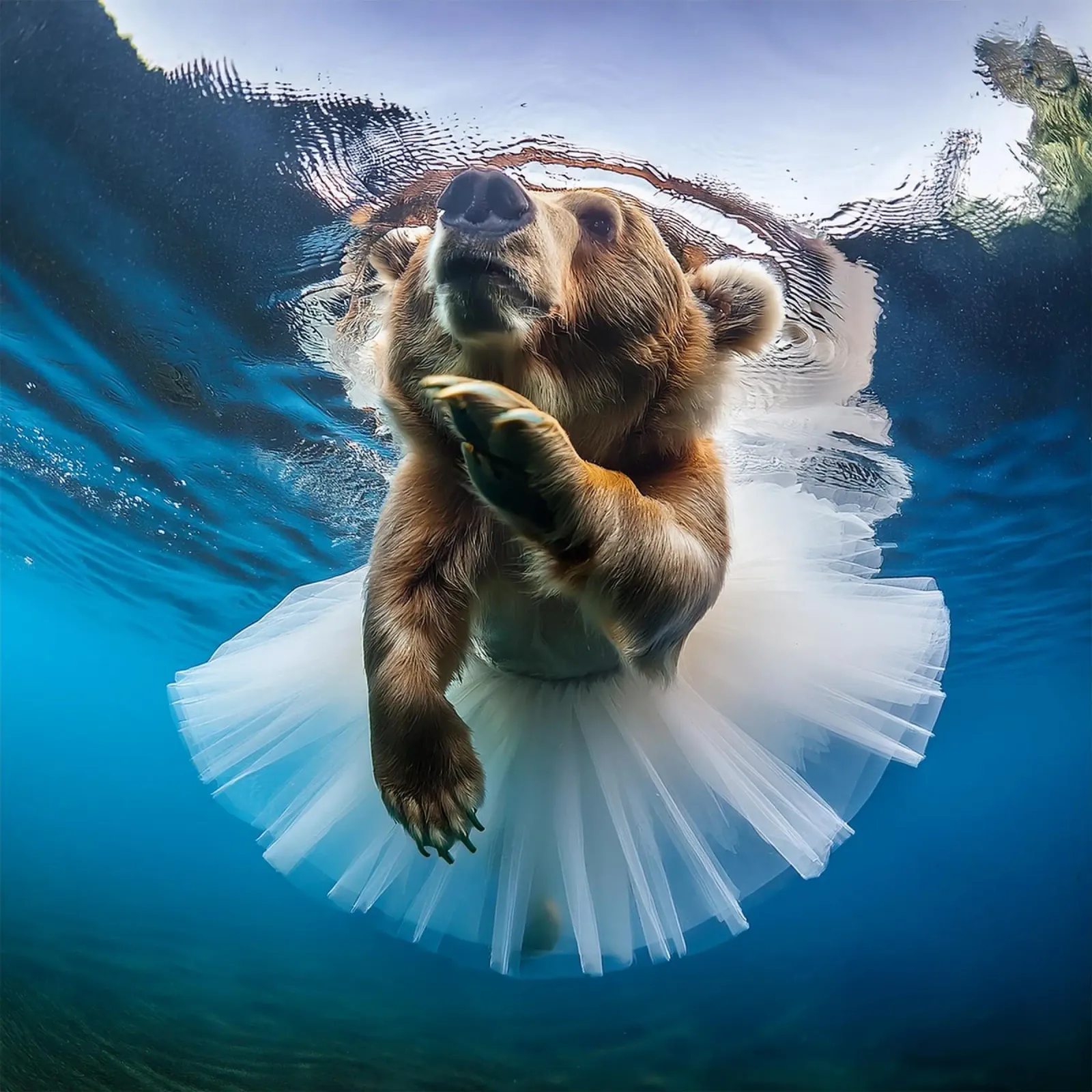 Anmutiger Bär unter Wasser im Tutu - einzigartiger Kunstdruck Leinwand mit Schattenfugenrahmen von FlexiDesignsByK