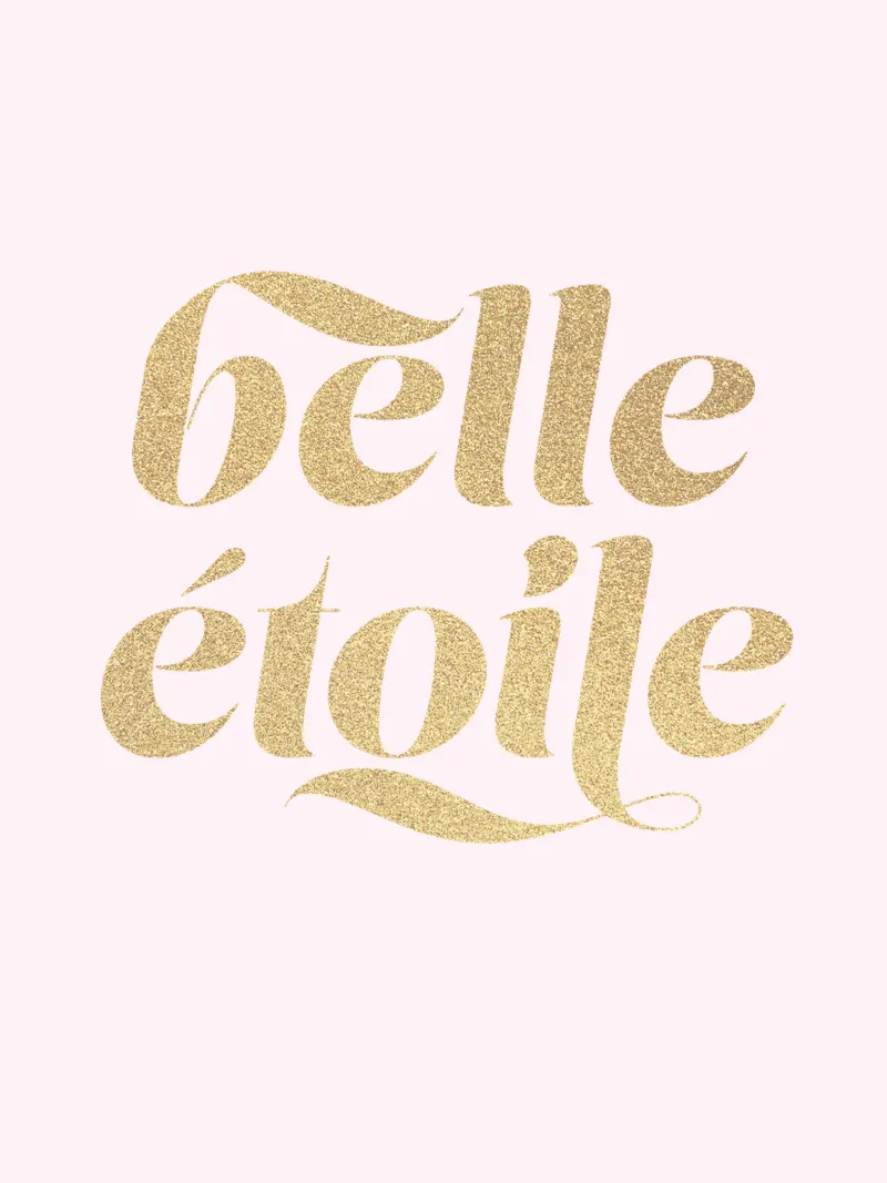 "Belle étoile" Keep Shining Typographic Art Pink & Faux Gold poster with wooden frame by Dominique Vari Words