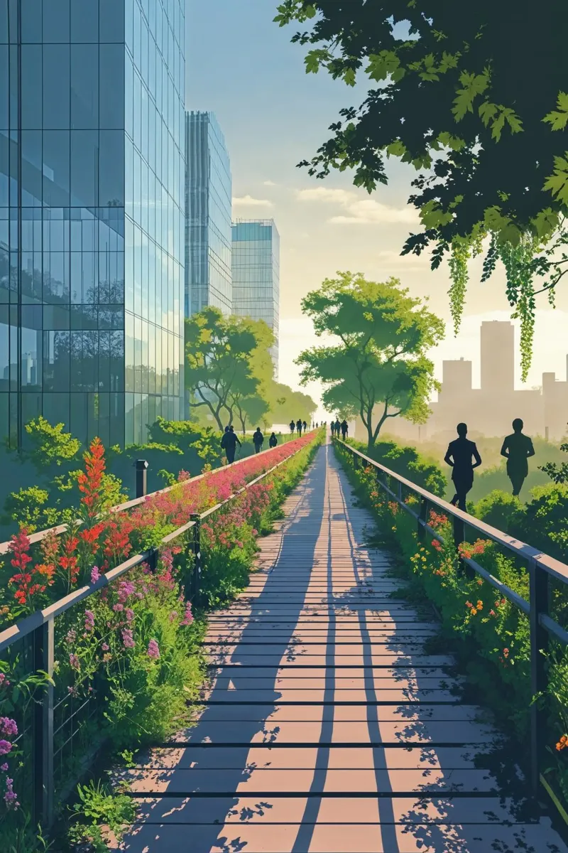 Walking the High Line at Sunrise poster con telaio in alluminio da AlbertKlee