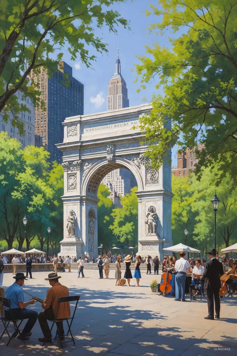Washington Square Park Arch and Empire State View poster con telaio in plastica da AlbertKlee