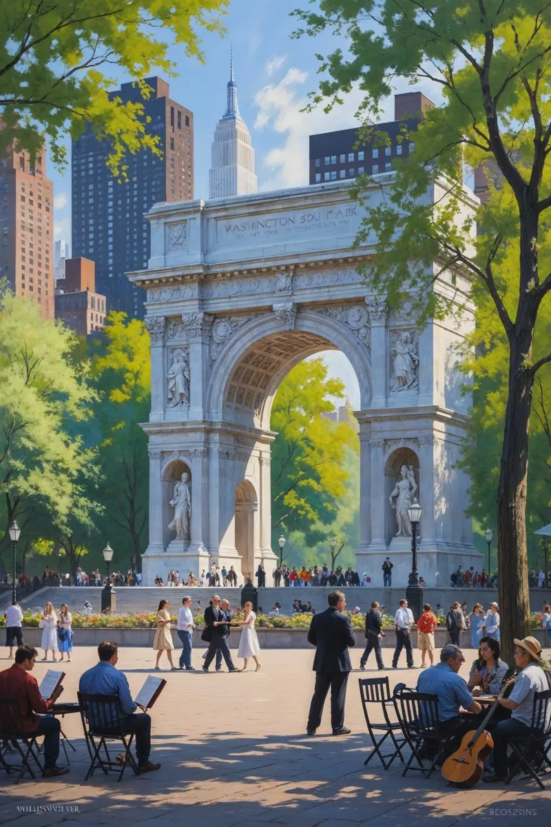 New York's Washington Square Arch in Summer poster con telaio in plastica da AlbertKlee