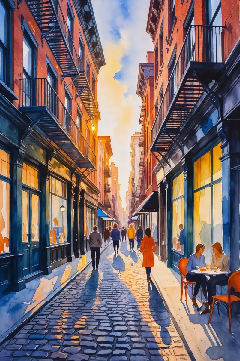 Evening Walk on a Vibrant Street poster con telaio in legno da AlbertKlee
