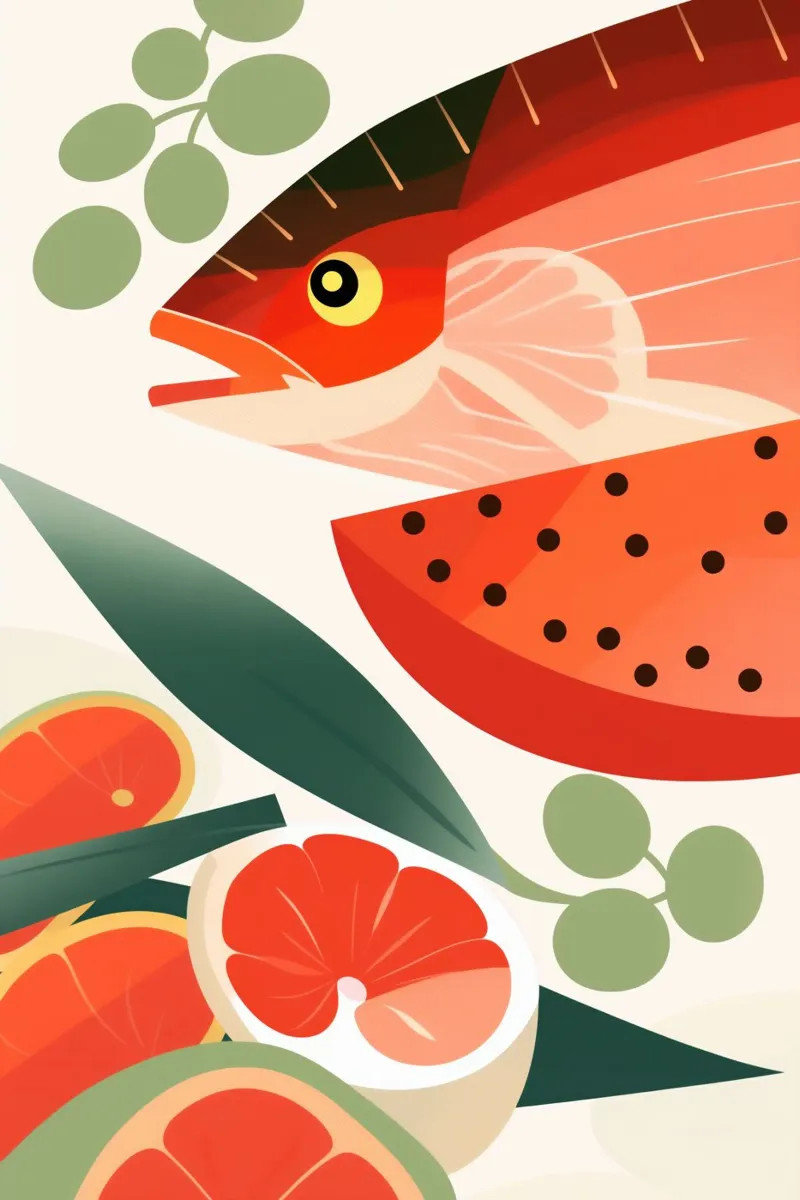 Pesce con papaya | Poster della cucina di mare poster con telaio in alluminio da Autofocus
