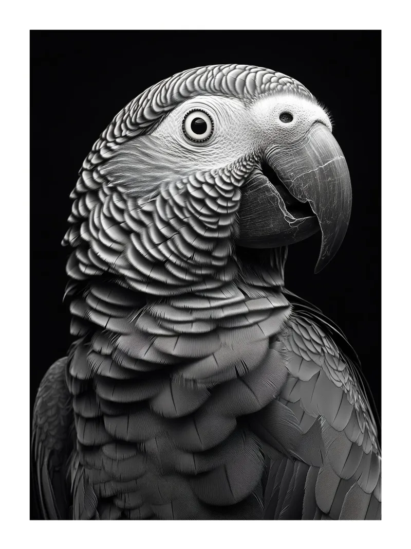 Ritratto di un pappagallo grigio del Gabon poster con telaio in alluminio da Monochrome