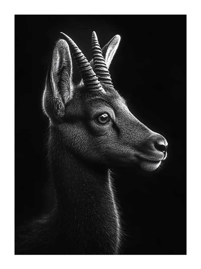 Majestätisches Porträt eines Steinbocks Leinwand mit Schattenfugenrahmen von Monochrome