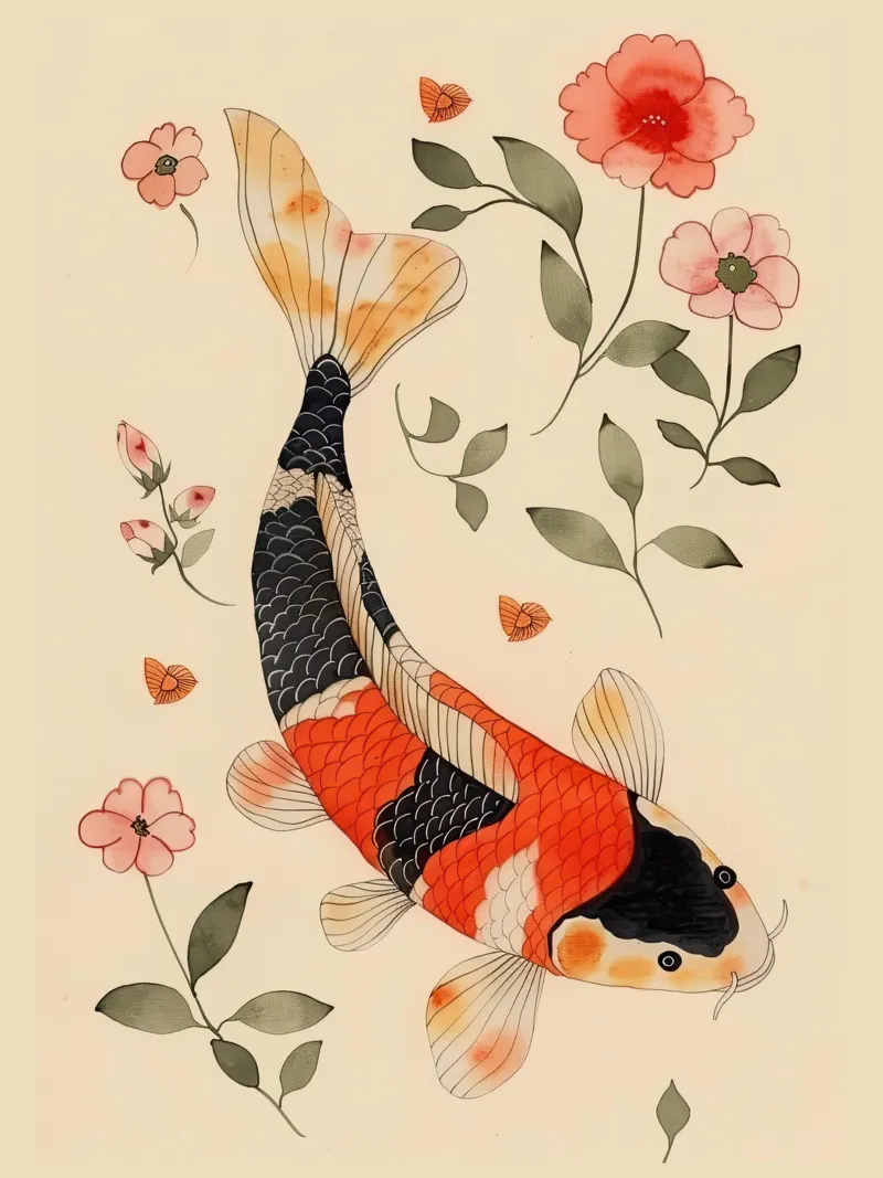Carpa Koi con fiori delicati carta hahnemühle da DaarbyN