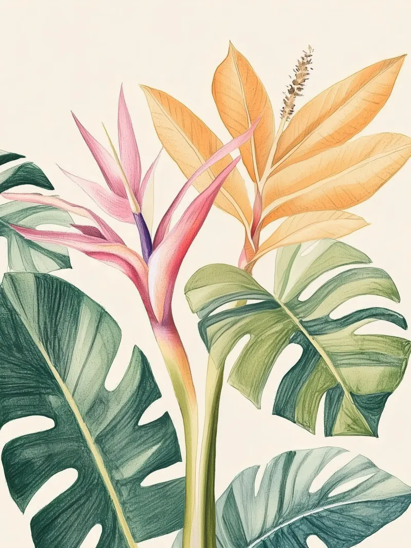 Boho Botanico Pianta tropicale Uccello del Paradiso Foglia di Monstera pellicola backlit da Gentle Echoes Art