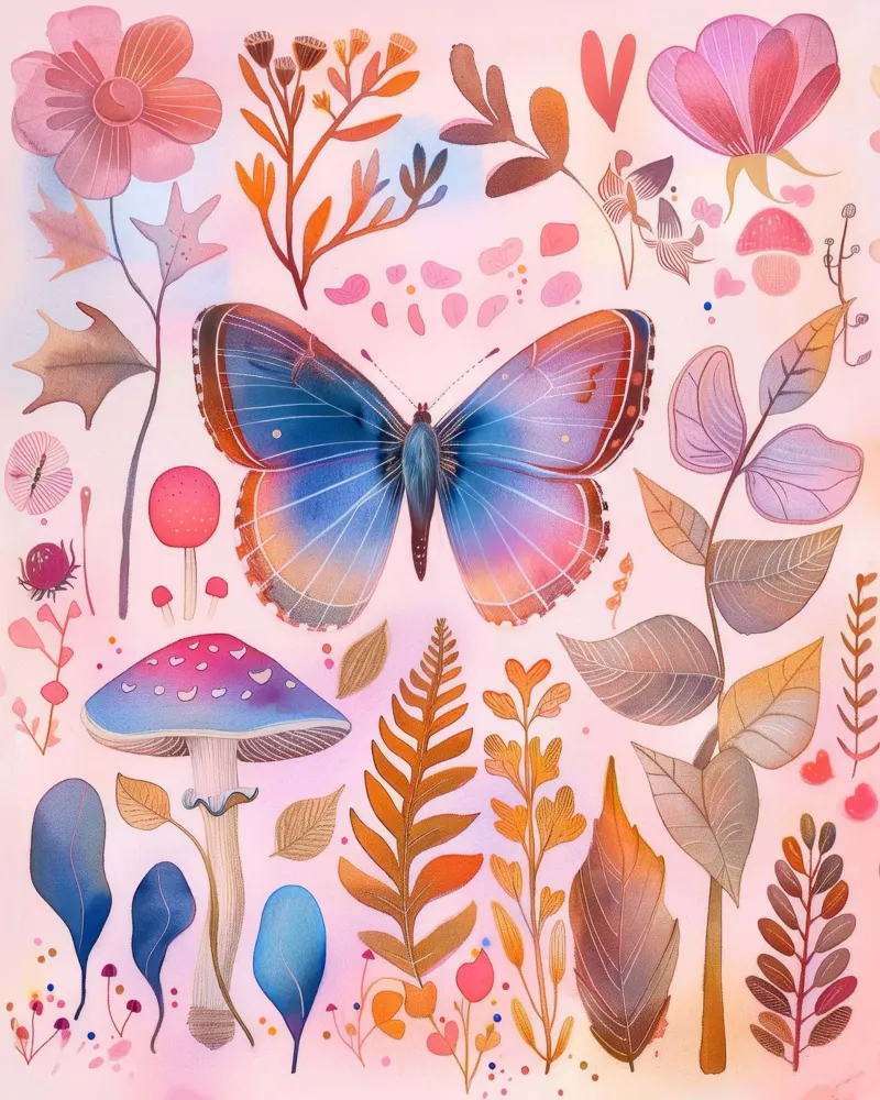 Boho Bohemian Vintage Botanico Farfalla Fungo in Natura pellicola backlit da Gentle Echoes Art