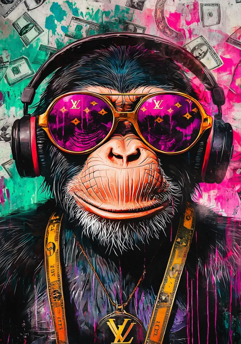 A hip hop monkey with headphone poster con telaio in plastica da FreeArtStudio