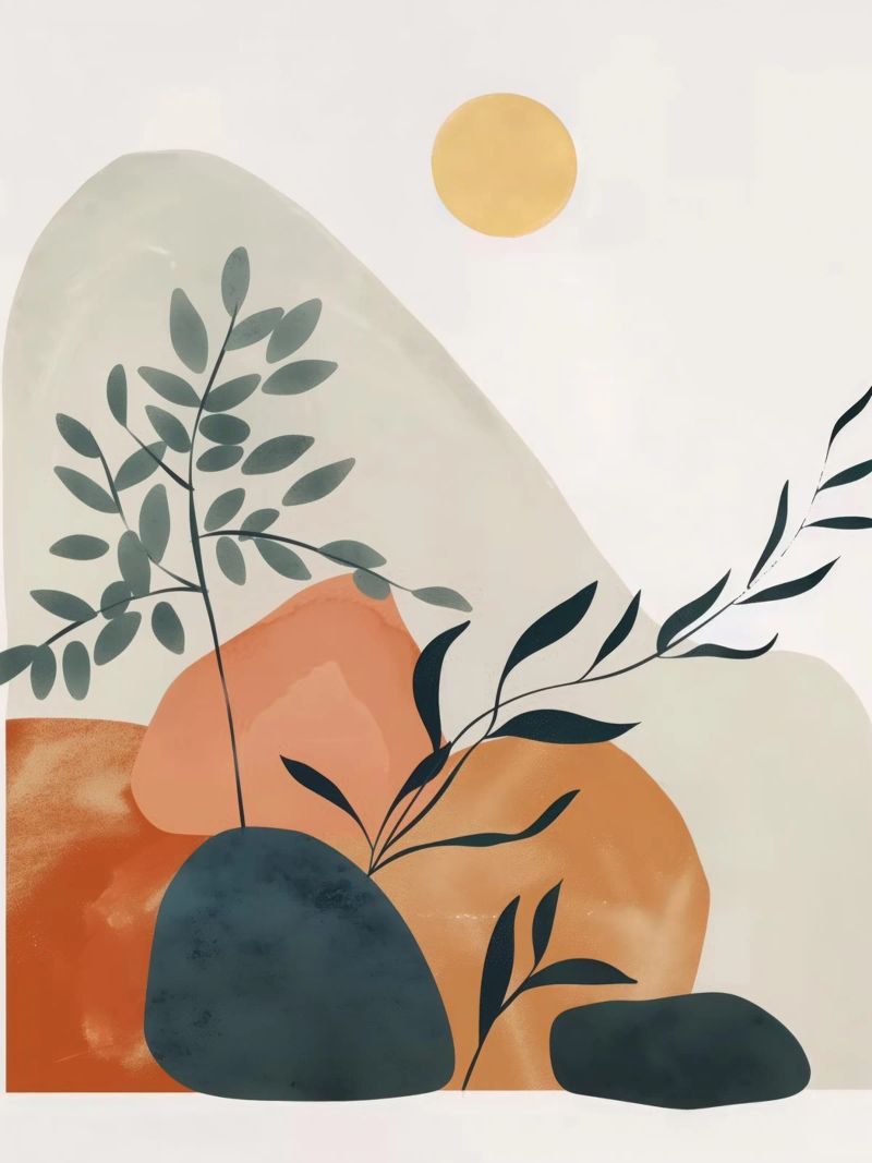 Boho Moon Sun Plant Mountain Abstract Nature Yoga Coffee Art poster de Gentle Echoes Art