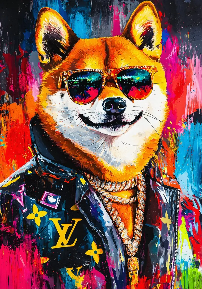Pop art A hip hop Shiba Inu with meme face of him pellicola backlit da FreeArtStudio