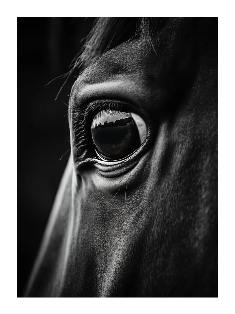 Primer plano del ojo cautivador de un caballo poster con marco de madera de Monochrome