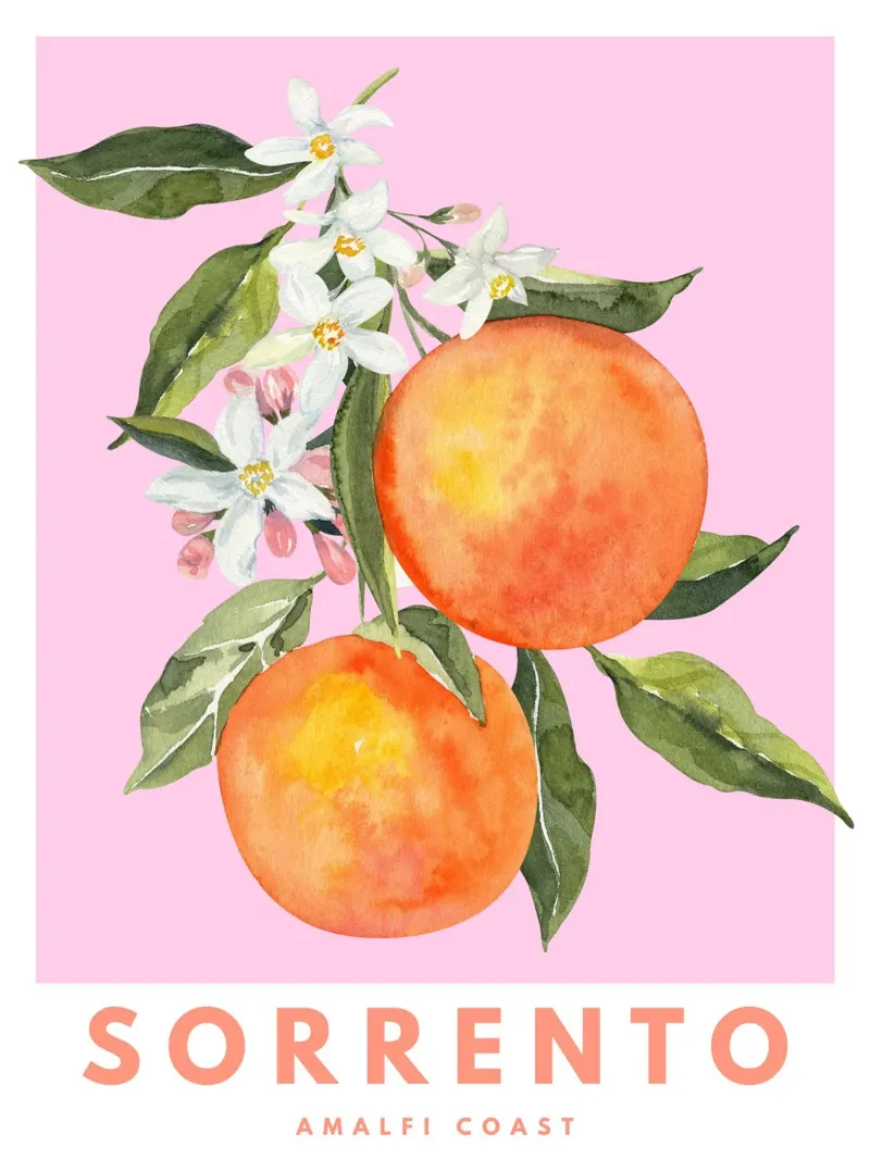 Positano Orange Pink Print, Amalfi Coast Poster poster with wooden frame by Bella Studio