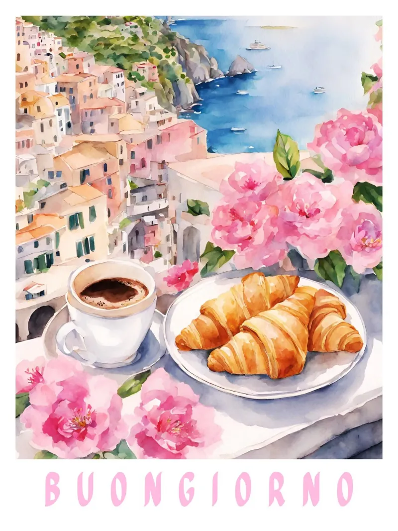 Buongiorno Croissant and Espresso, Breakfast Poster, Brunch poster with aluminum frame by Bella Studio
