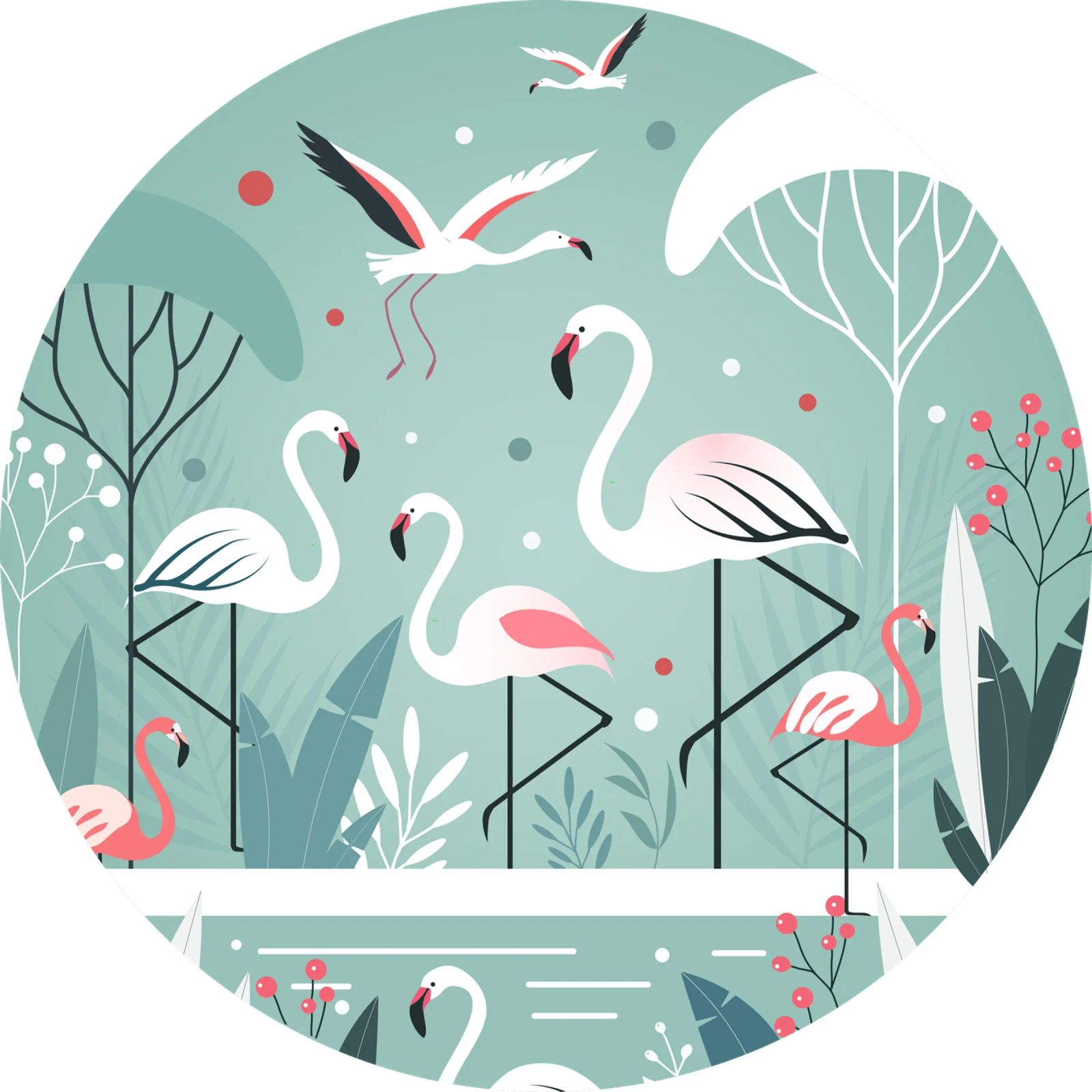 Illustration minimaliste de flamant rose dans un environnement tropical poster de namosh