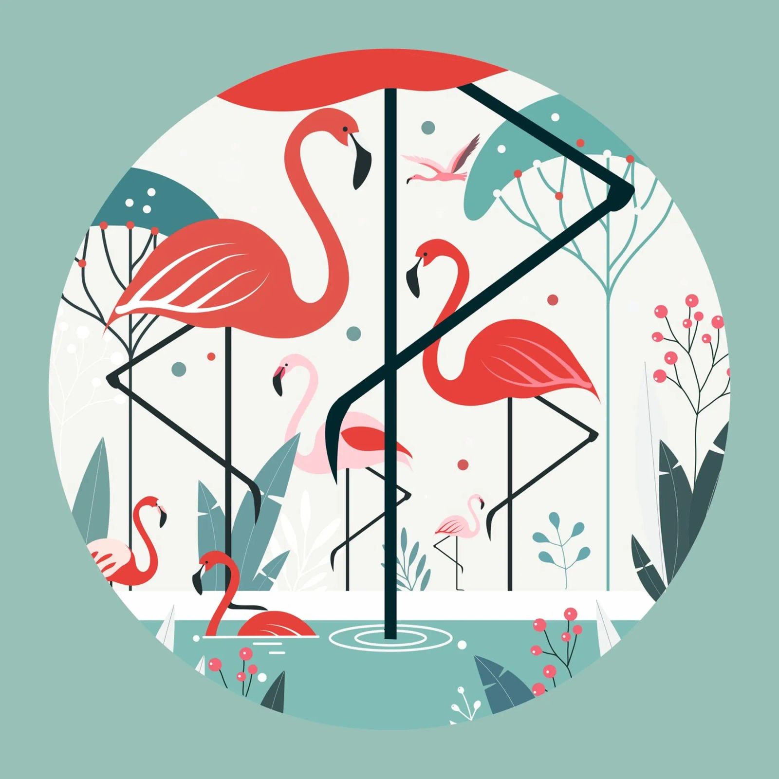 Minimalistische Flamingo-Illustration in tropischer Umgebung Poster von namosh